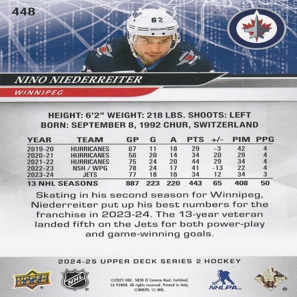 Nino Niederreiter - 2024/2025 Upper Deck Series 2 Hockey Card - Picture 2 of 2